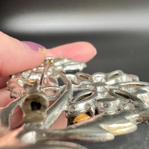 1930s Art Deco Czech Glass Pot Metal Flower Brooch Pin Foil Back Huge Nice Green - Picture 10 of 16